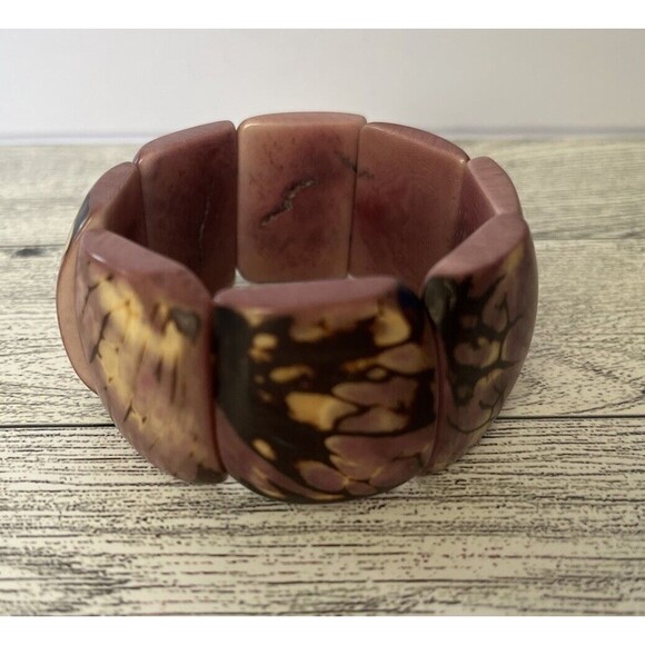 Tagua Nut Stretch Wide Bracelet Purple Brown Boho Style - Picture 4 of 7